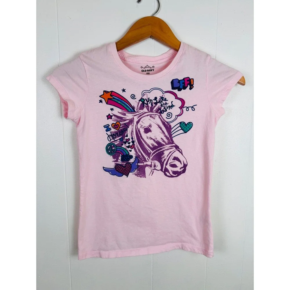 Vintage Y2K Old Navy Kids Girls Pink Horse Graphic T‎ Shirt Size Large (10-12)